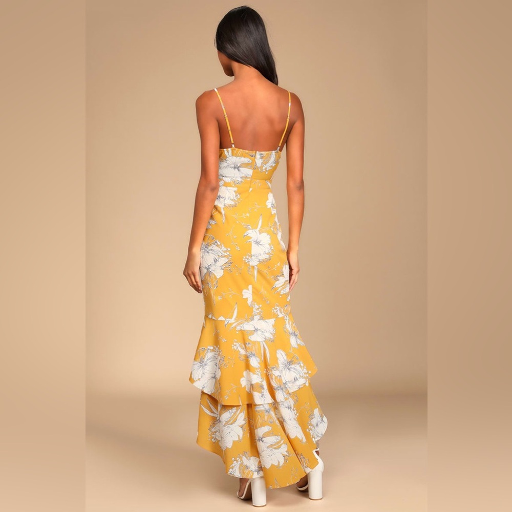 Lulus Darling Daylily Mustard Yellow Floral Print High-Low Maxi Dress - Picture 3 of 10